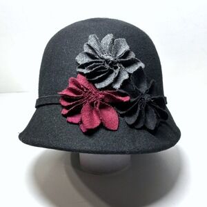Wool Cloche Hat Womens OS Black Floral Accent Winter Felt Vintage